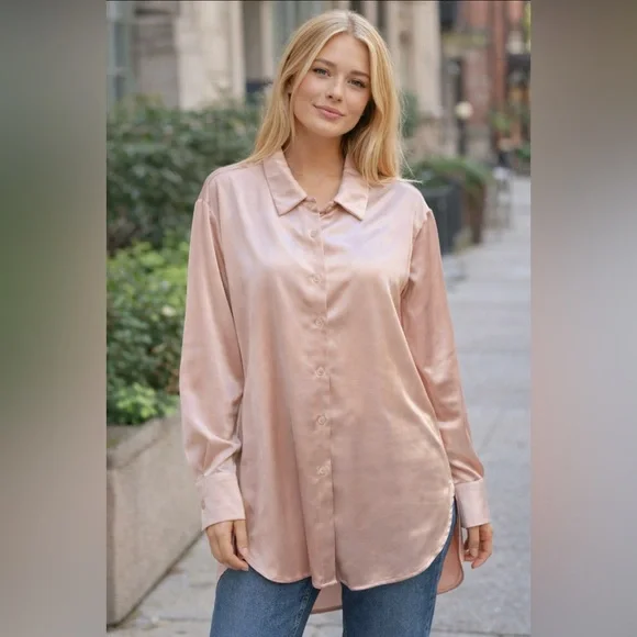 Mystree Satin Button Down Shirt in Blush - Picture 10 of 10